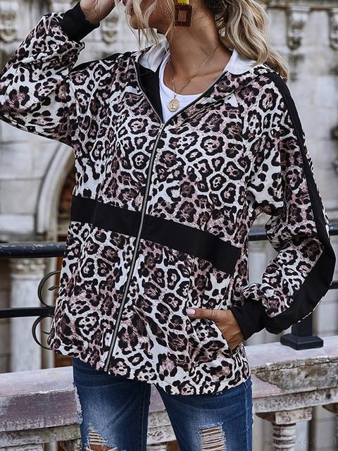 Leopard Print Zipper Hooded Coat