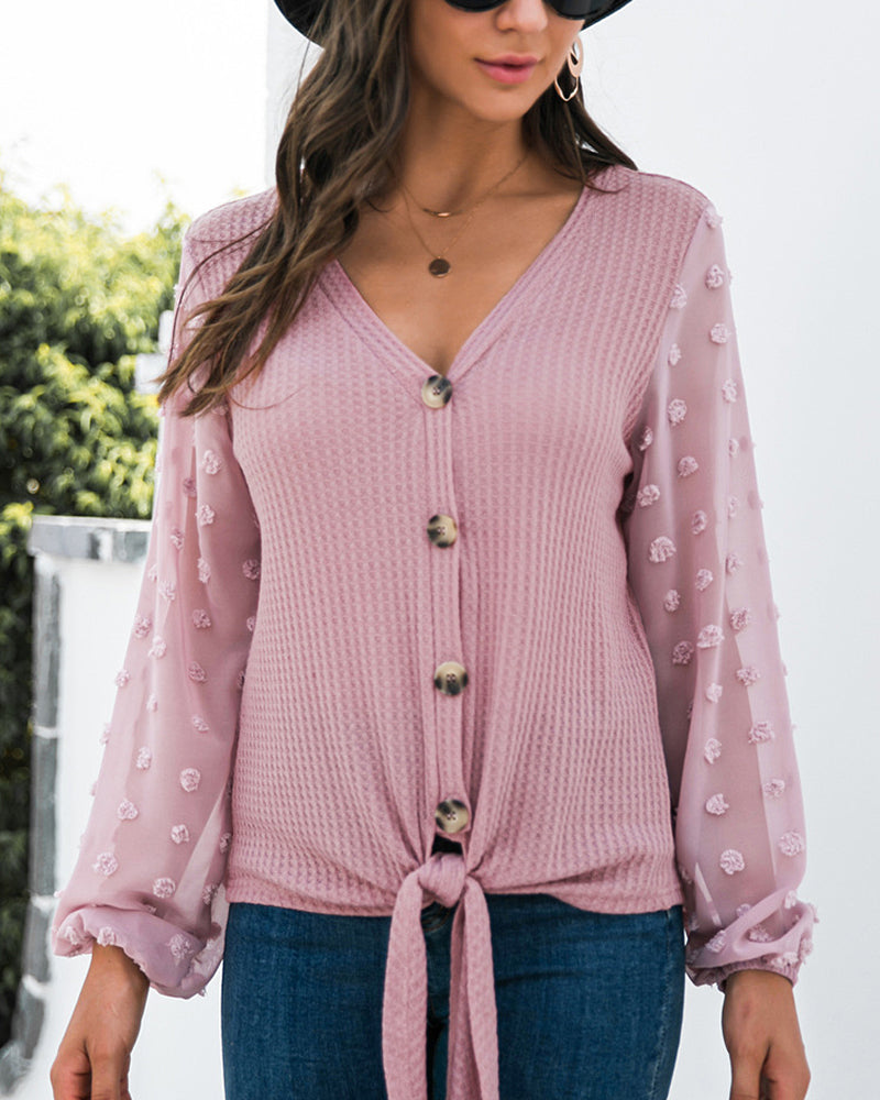 Button Up Swiss Dot Knot Front V Neck Sweater