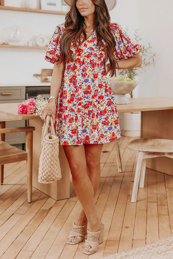 Bouquet for You Puff Sleeve Floral Babydoll Dress