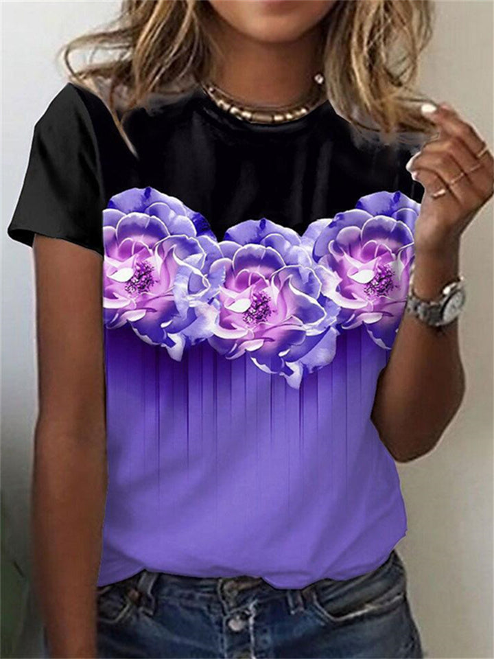 New Gradient Color Floral Colorblocking Positioning Print Women's Round Neck Short-sleeved T-shirt Urban Casual Tops