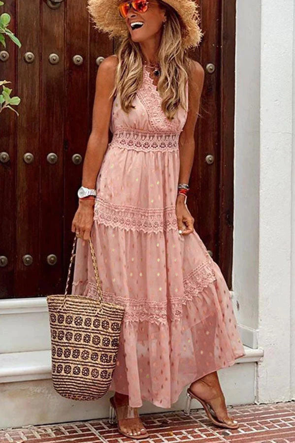 Antonia Golden Polka Dots Crochet Lace Maxi Dress