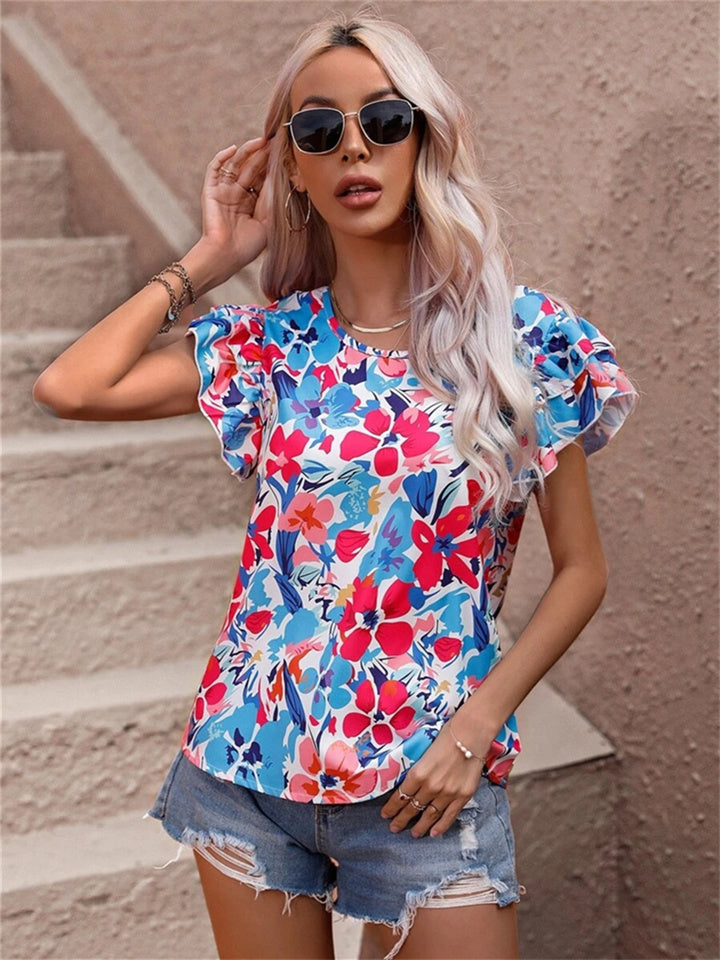 Women's Summer New Fashion Floral Print Double Fly Short-sleeved Shirt Top S M L XL 2XL