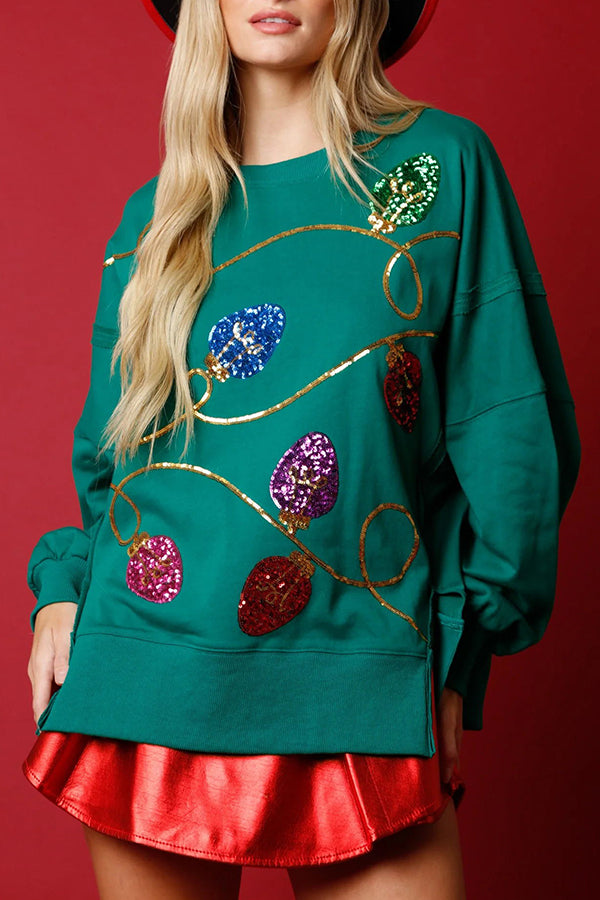 Christmas Lights Sequin Slit Pullover Sweatshirt
