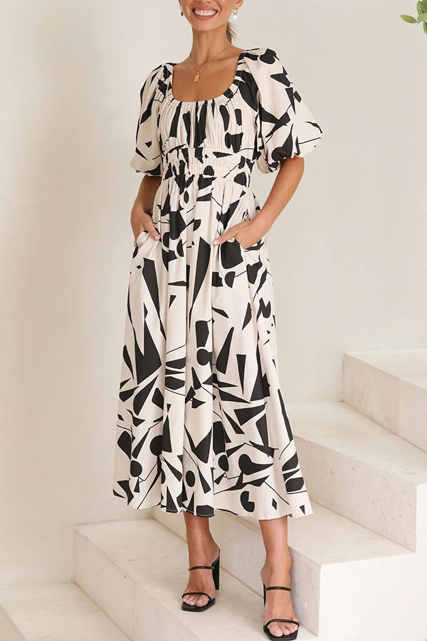 Kapri Geometric Print Puff Sleeve Elastic Waist Pocketed Midi Dress