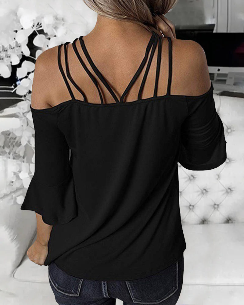 Strappy Detail Bell Sleeve Cold Shoulder Blouse