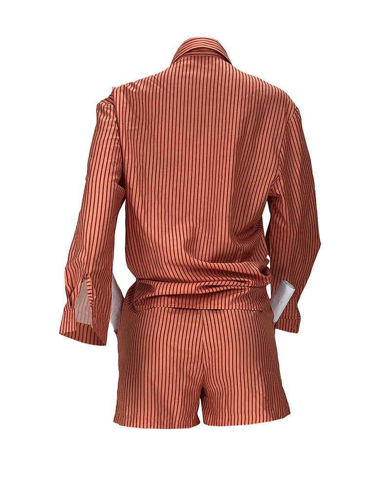 Striped Button Through Slant Pocket Shirt & Shorts Set