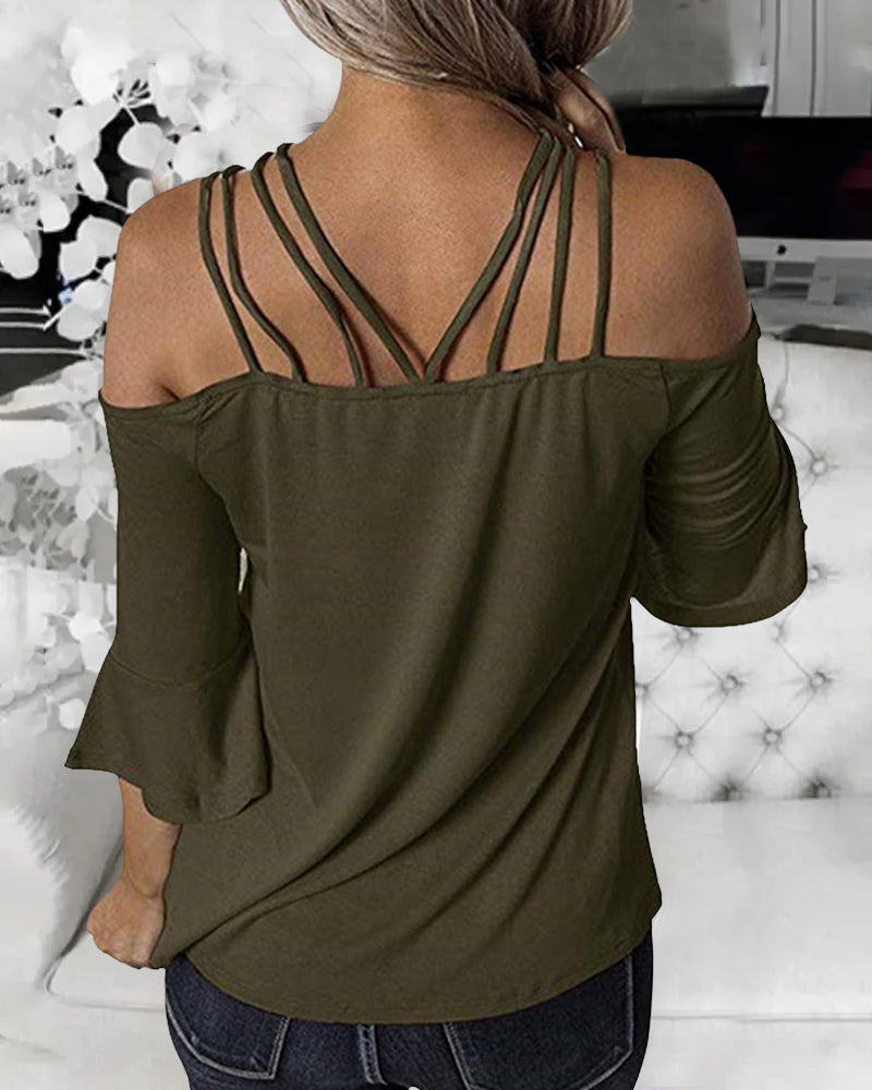 Strappy Detail Bell Sleeve Cold Shoulder Blouse