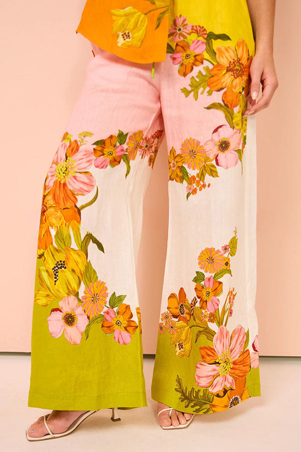 Martini Linen Blend Creative Flowers Elastic Waist Pocketed Wide Leg Pants