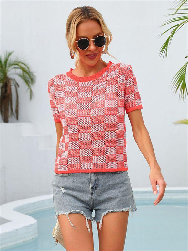 Summer Collision Color Plaid Shirt Beach Beach Vacation Casual Large Size Knitted Short-sleeved T-shirt Round Neck Shirt