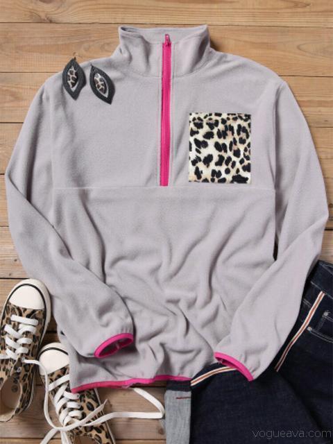 Leopard Pocket Lapel Neck Sweatshirt