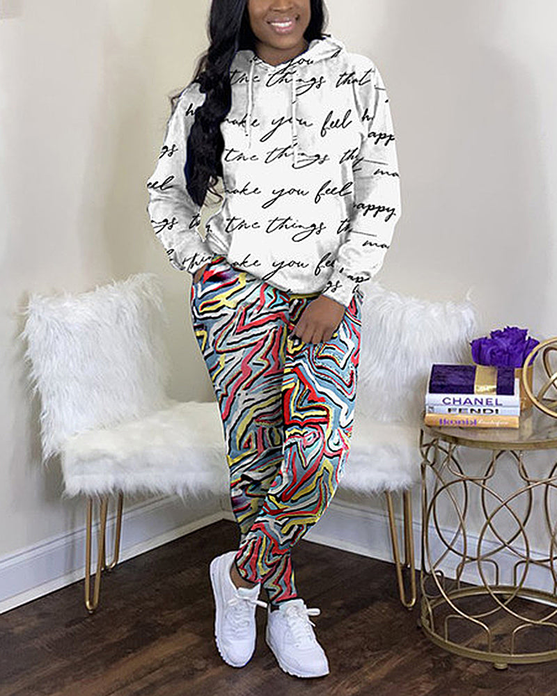 Allover Print Drawstring Hooded Top & Pants Set