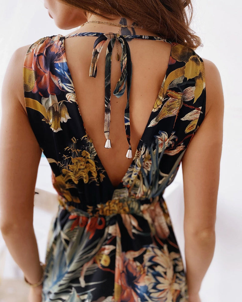 Floral Print V-Cut Back Tie Waist Maxi Dress
