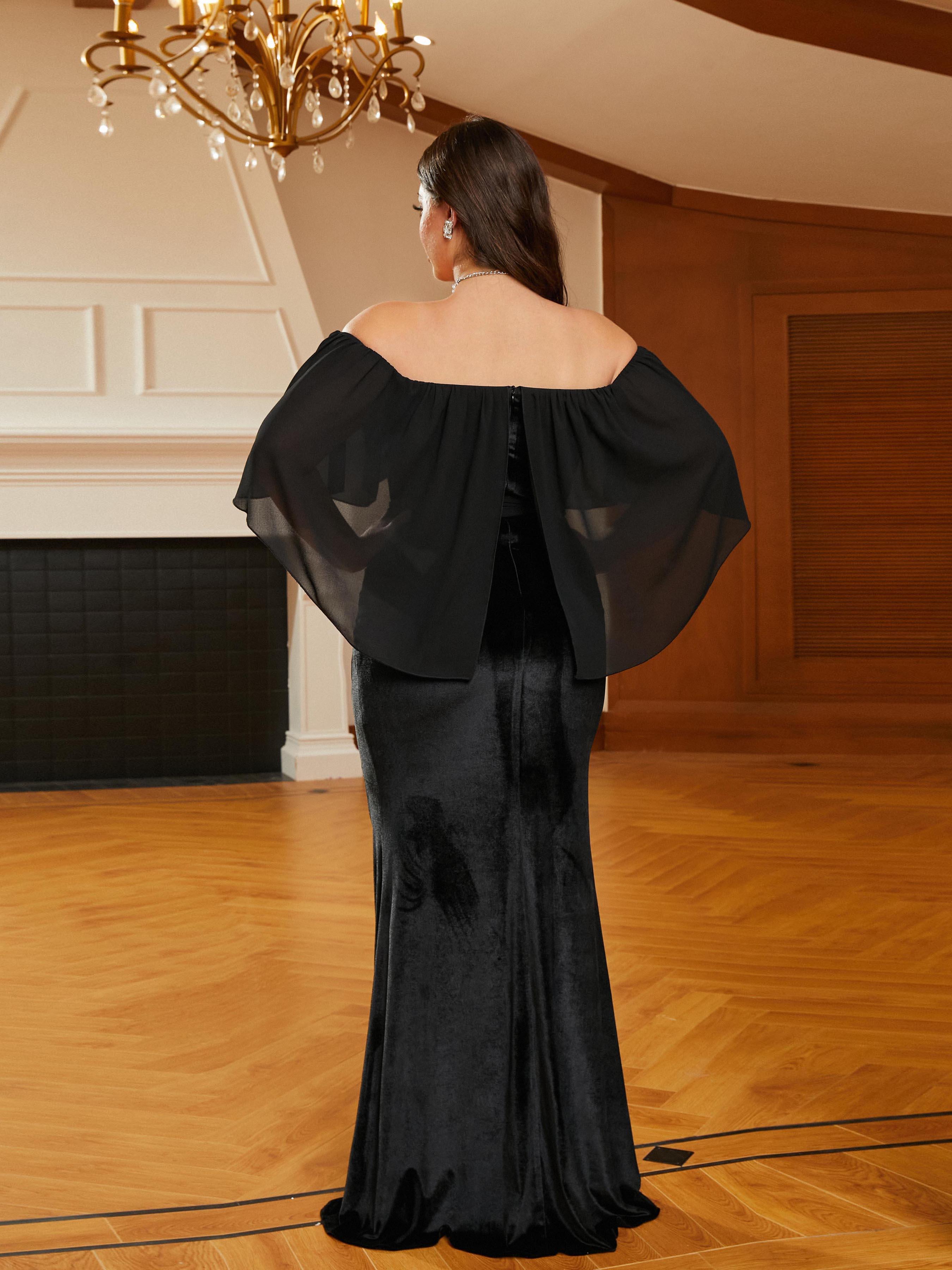 Plus Size Off Shoulder Velvet Black Evening Dress PRM20805