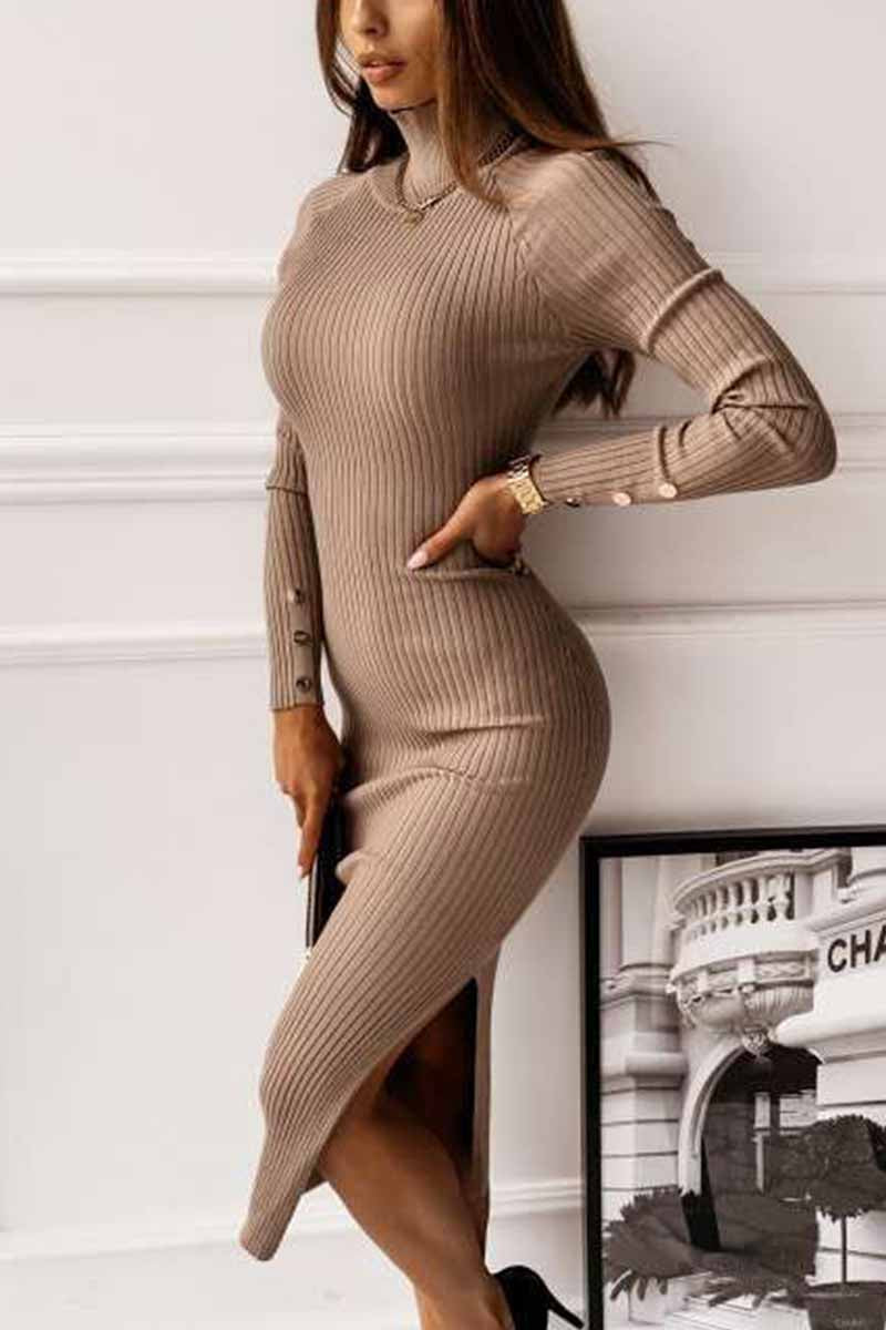 Open Back Long Sleeve Solid Color Midi Dresses