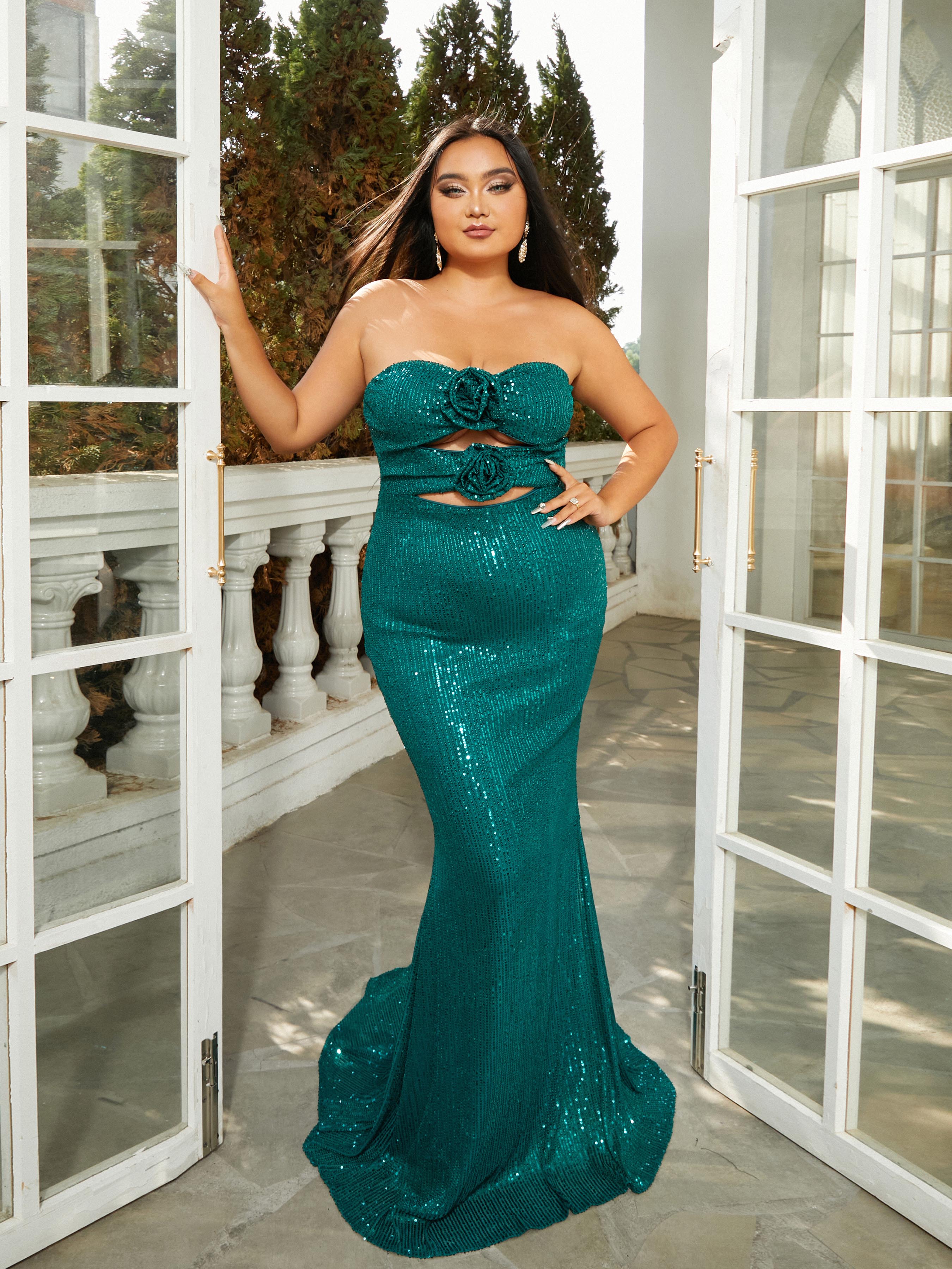Plus Size Strapless Cut Out Sequin Green Mermaid Dress PRJ10950