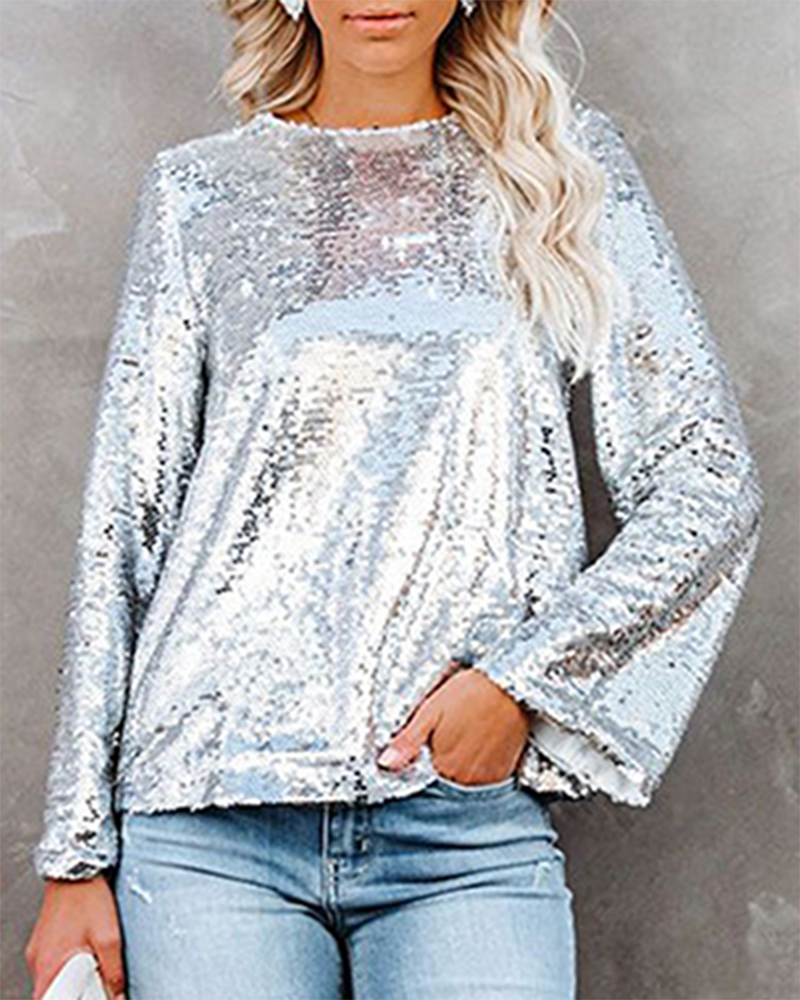 Allover Sequins Cut Out Back Round Neck Blouse