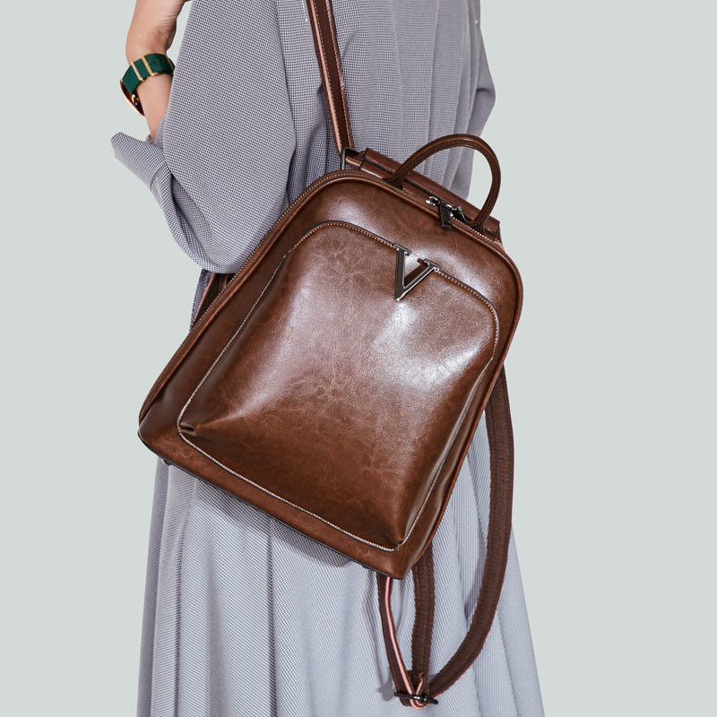 Leather Fashion Wax Cowhide Women's Vintage School Backpacks