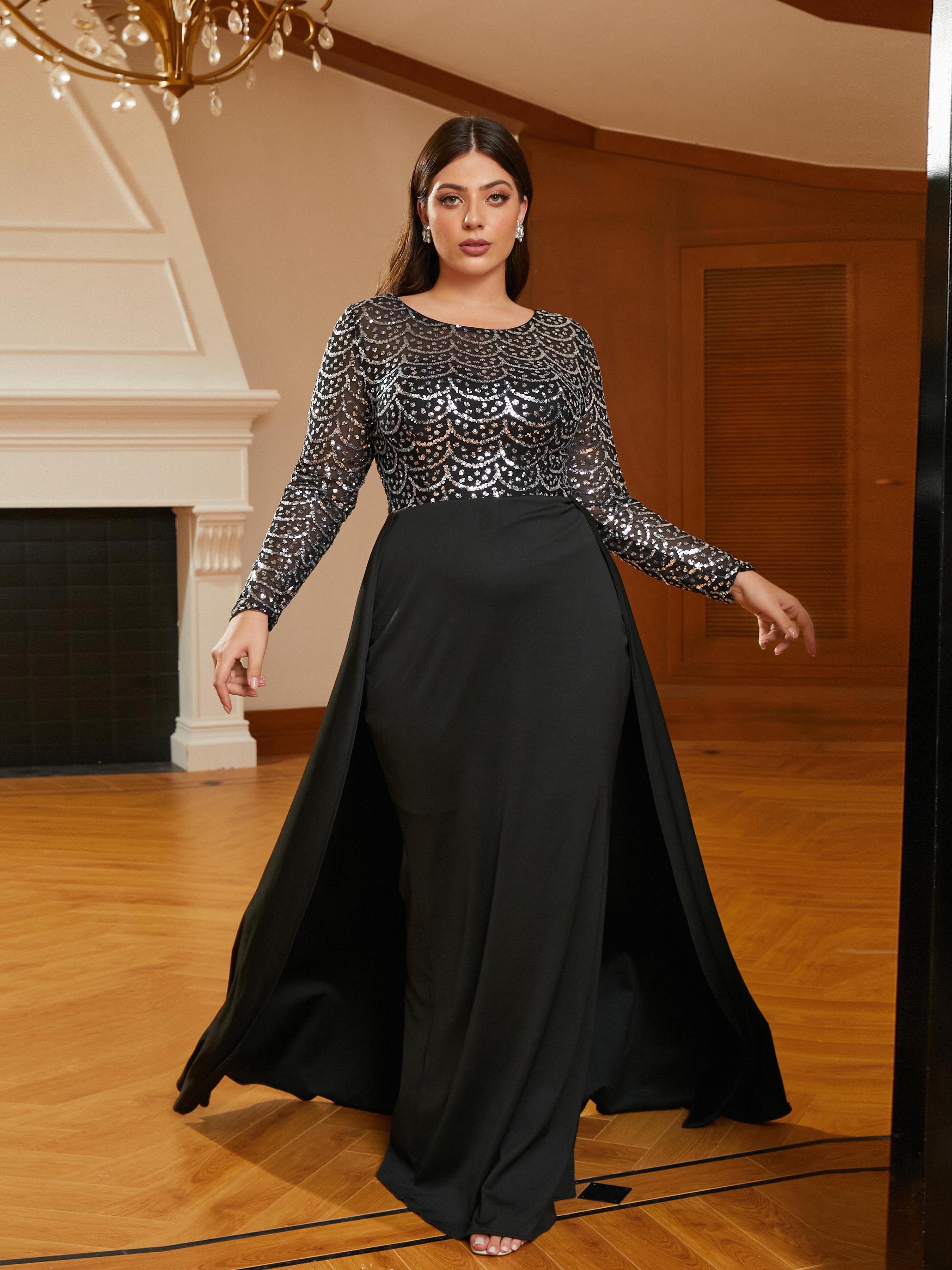 Plus Size Crew Collar Panel Sequin Black Evening Dress PRM20618