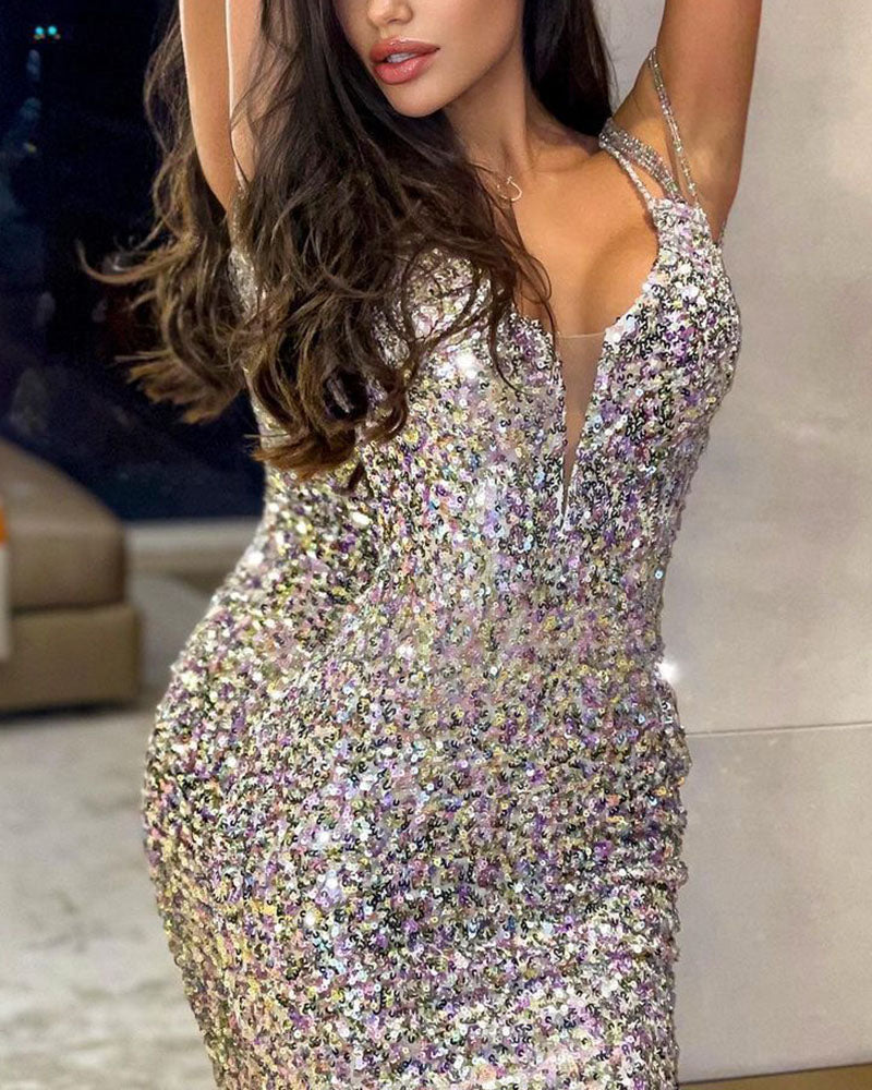 Allover Sequin Contrast Mesh Cami Prom Bodycon Mini Dress