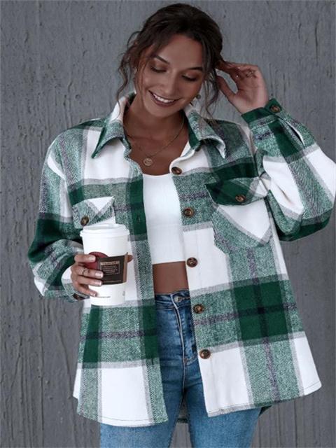 Autumn Casual Plaid Shirt Coat with Buttons pockets