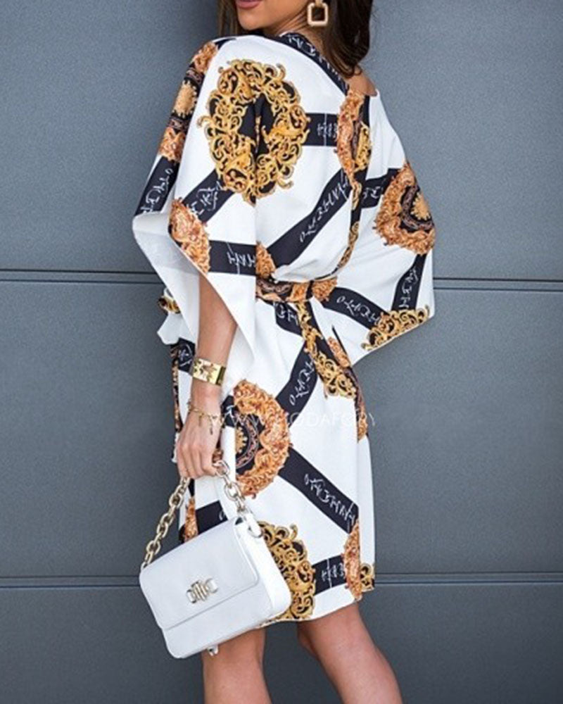 Baroque Print Asymmetrical Tied Front Dress