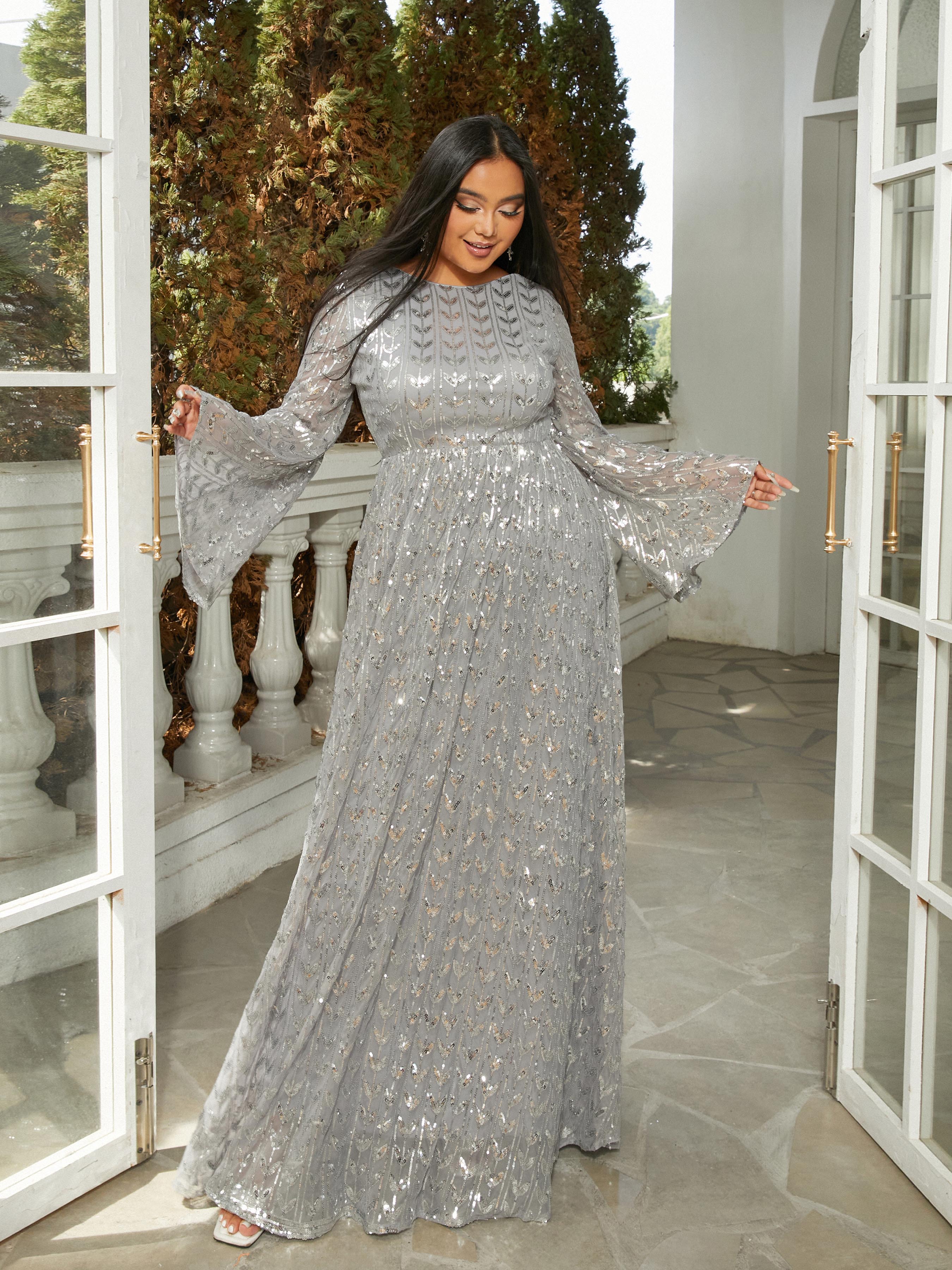 Plus Size Bell Sleeve Backless Sequin Grey Evening Dress PRM20603
