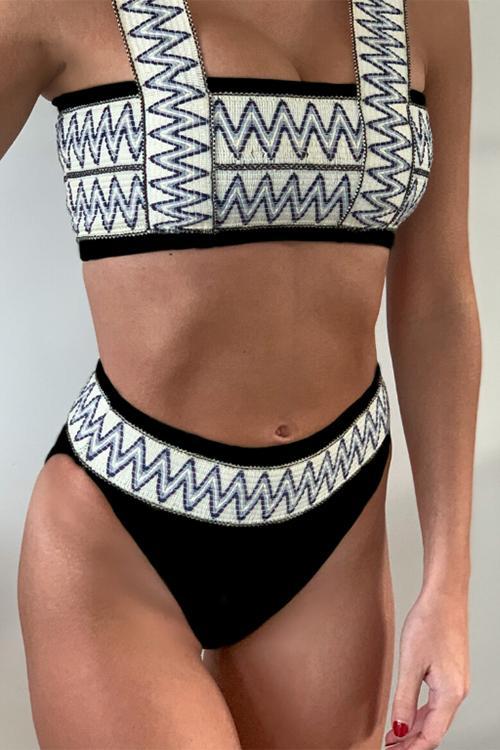 Stripe Patchwotk High Waist Bikini Set