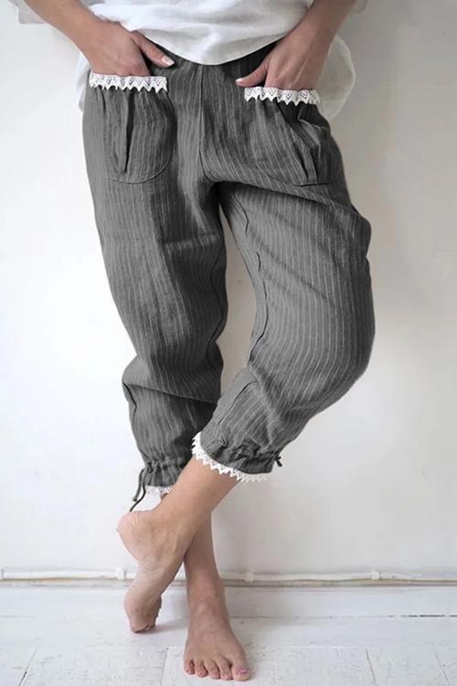 Lace Hem Drawstring Stripe Pants