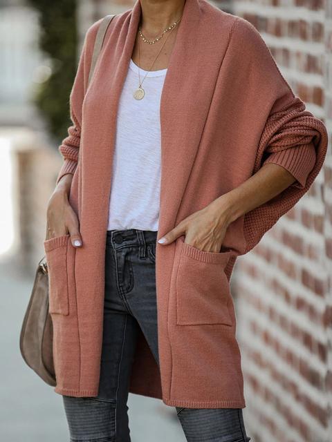 Bat Sleeve Solid Knit Cardigan With Pockets