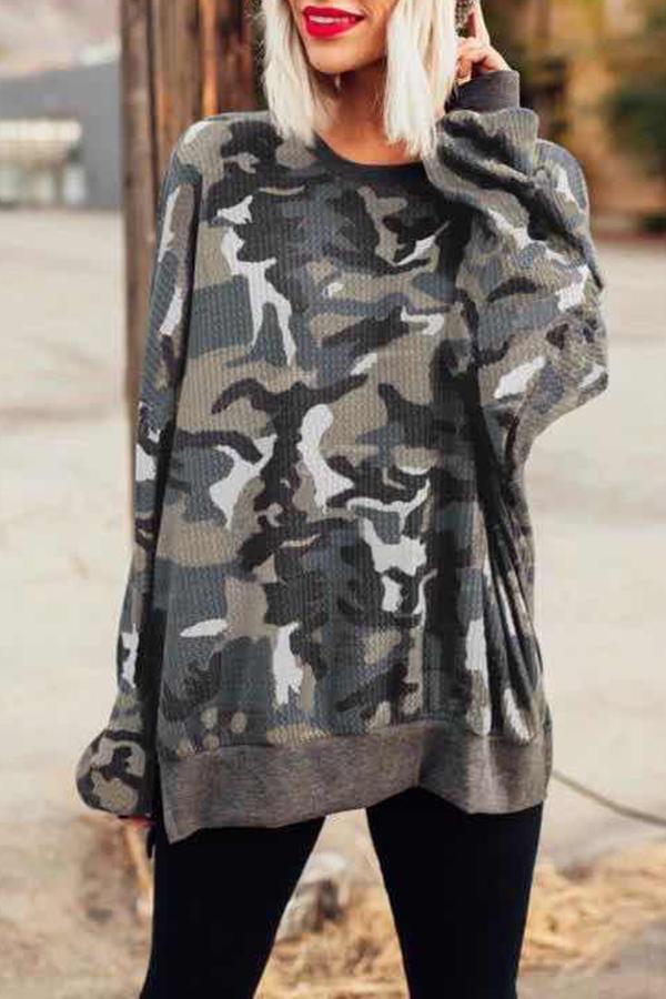 Casual Camouflage Round Neck Sweatshirt