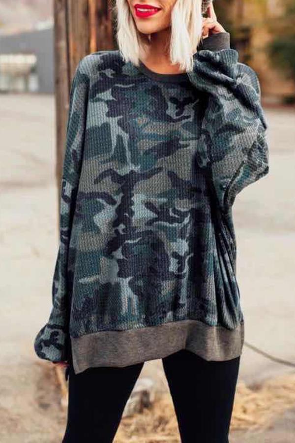 Casual Camouflage Round Neck Sweatshirt