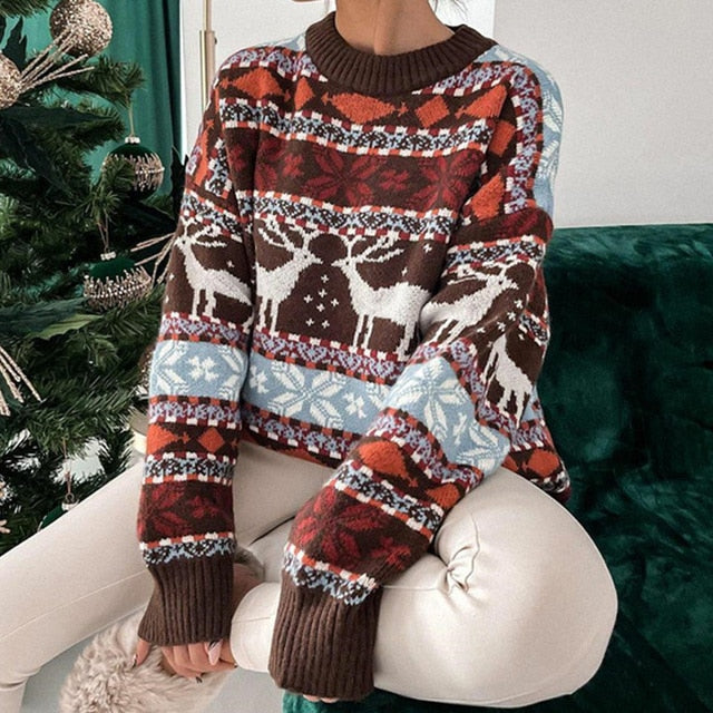Casual O Neck Long Sleeve Christmas Printed Loose Sweater