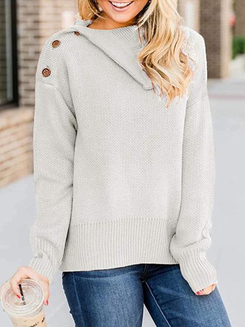 Casual Solid Color Side Lapel Button Sweater