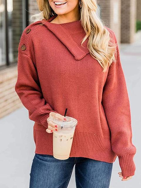 Casual Solid Color Side Lapel Button Sweater
