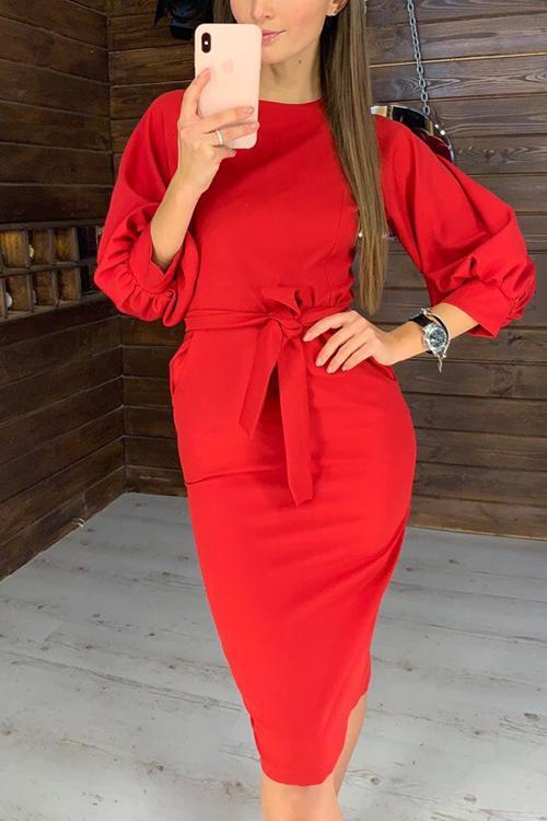 Puff Sleeve O Neck Belted Dress