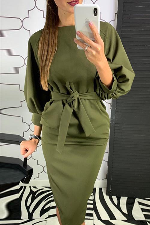 Puff Sleeve O Neck Belted Dress