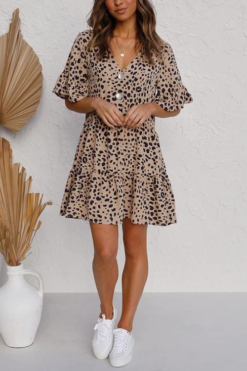 Ruffles Leopard Button Mini Dress