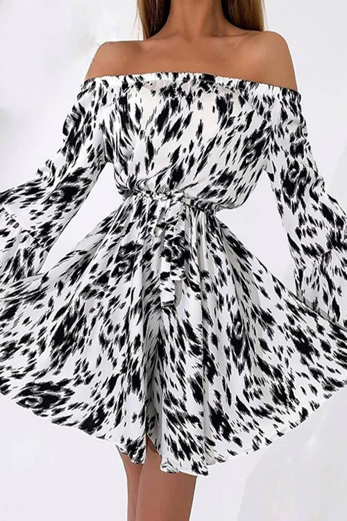 Leopard Print Off Shoulder Flares Sleeve Bleted Mini Dress