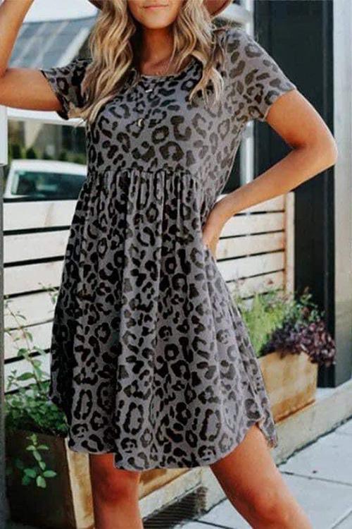 Leopard O Neck Short Sleeve Mini Dress