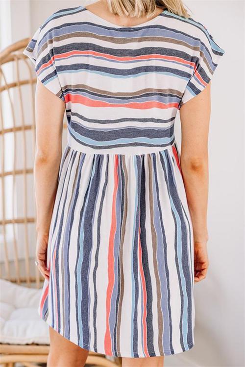 Rainbow Stripe O Neck Mini Dress