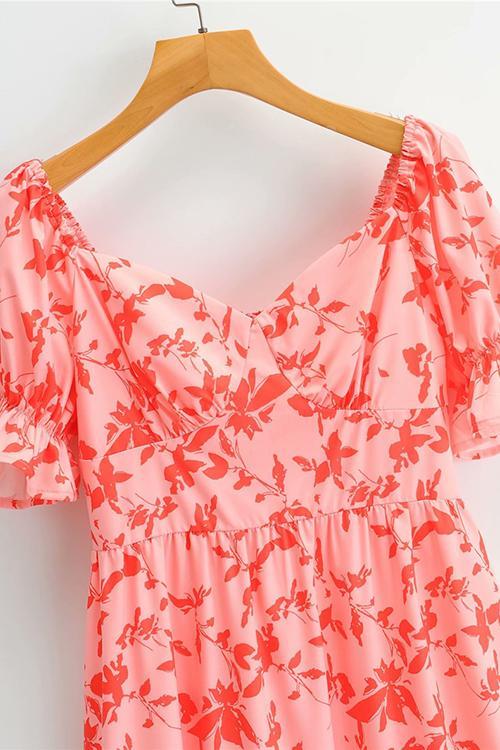 Hot Pink Floral Puff Sleeve Midi Dress
