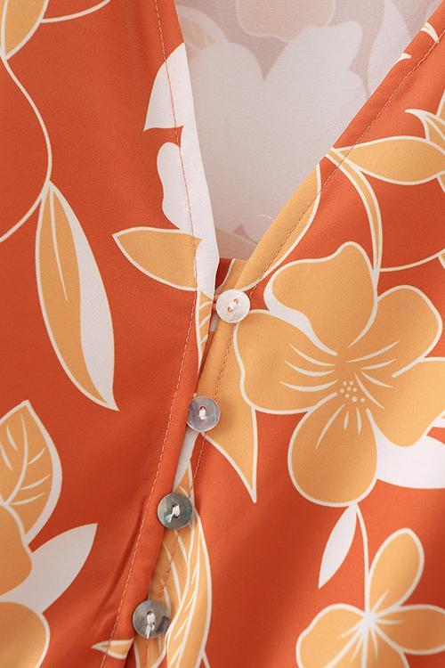 Print Button Tiered Long Sleeve Maxi Dress