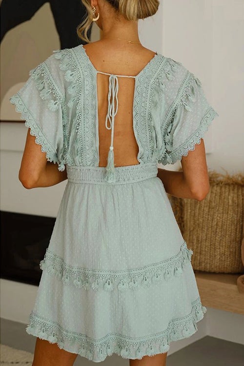 Lace Hem V Neck Backless Mini Dress