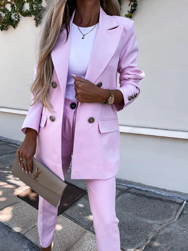 Women's Sets Solid Double Breasted Blazer & Pants Two Piece Set