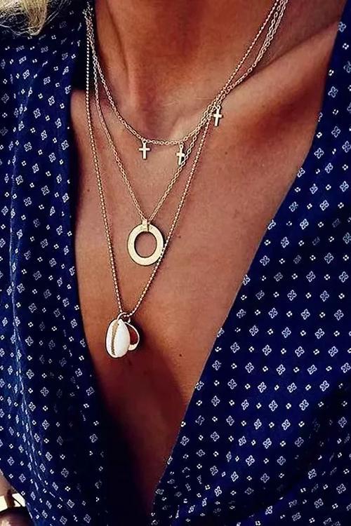 Ring Cross Shell Layer Necklace