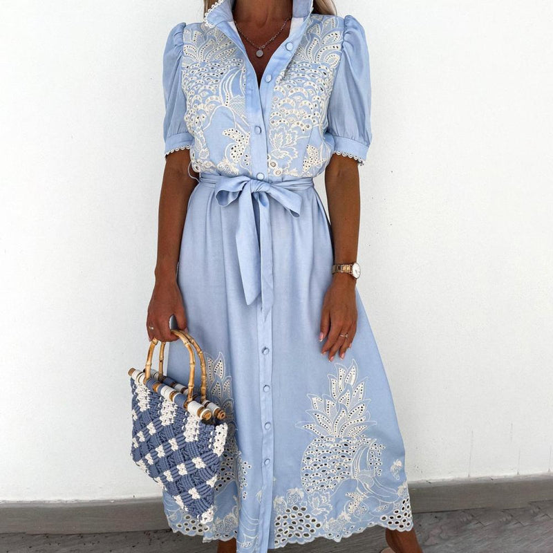 Elegant Stand Collar Short Sleeve Embroidery Maxi Dress