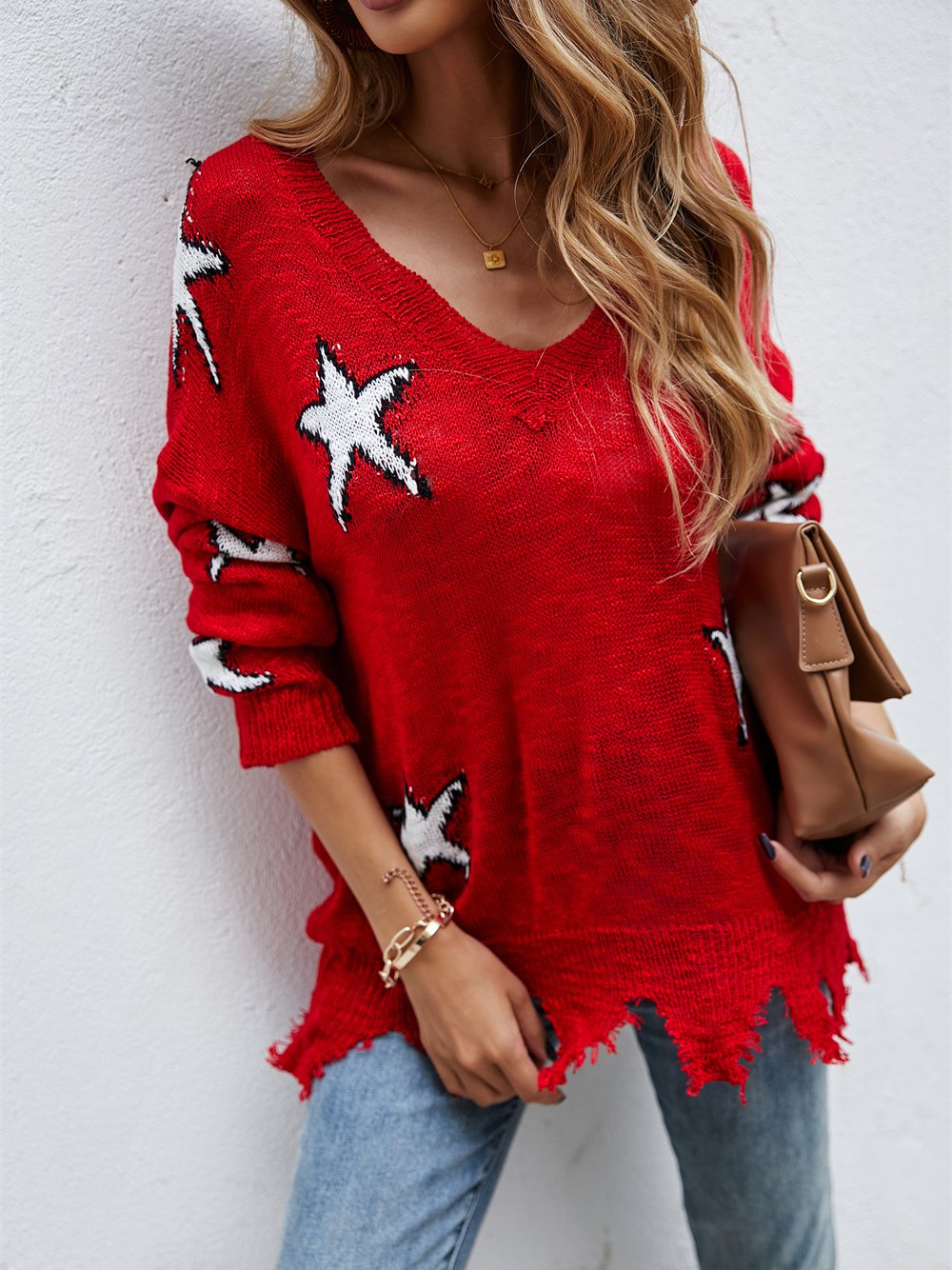 Casual V Neck Long Sleeve Star Print Sweater