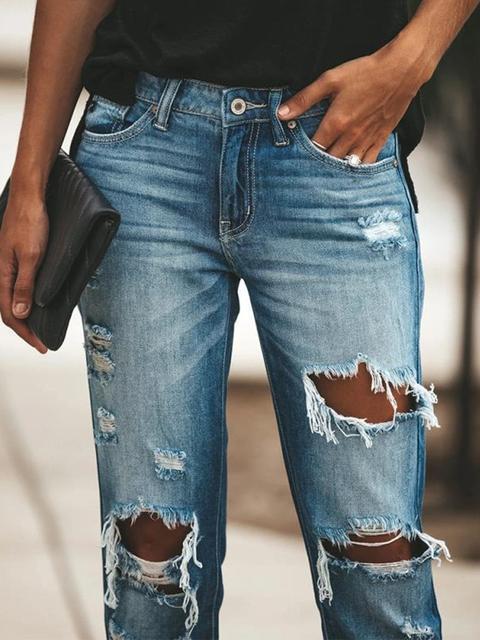 High waist Hole Straight Jeans