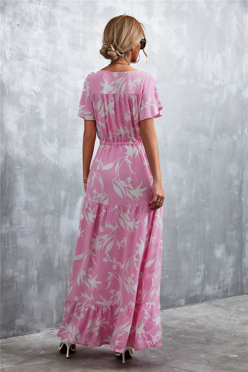 Casual Floral V Neck Short Sleeve Long Maxi Dress