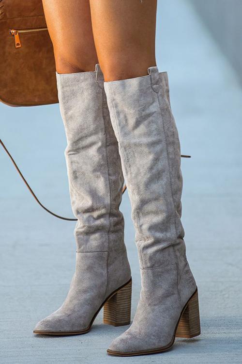 Faux Suede Chunky Heel Tall Boots